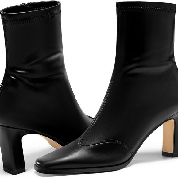 Shoes - Womens Ankle Boots Faux Leather Rubber Soles Square Toe Chunky Heel